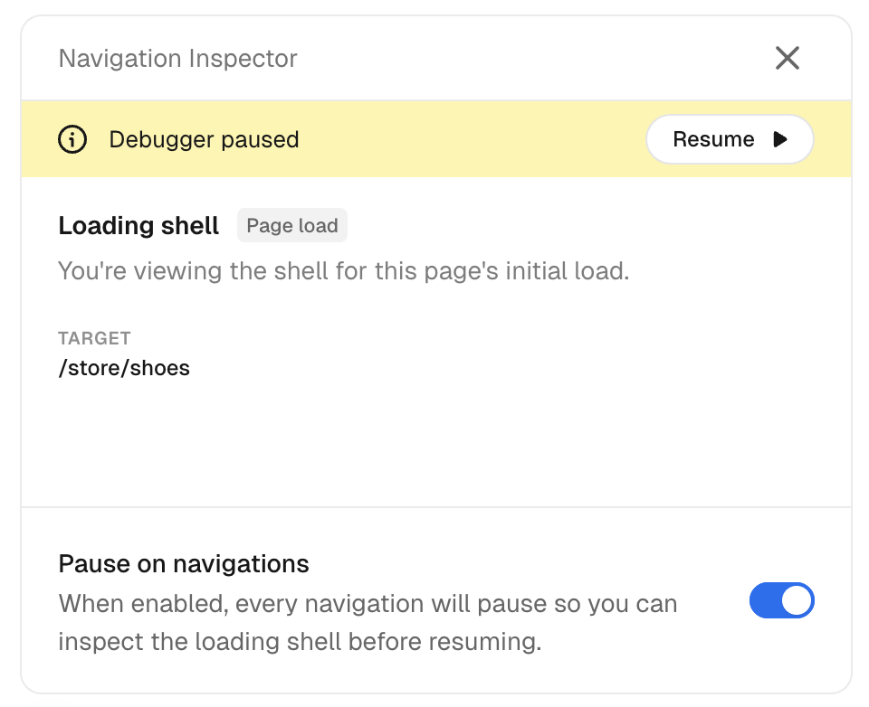 페이지 새로고침 뒤 Page load 셸을 보여주는 Navigation Inspector